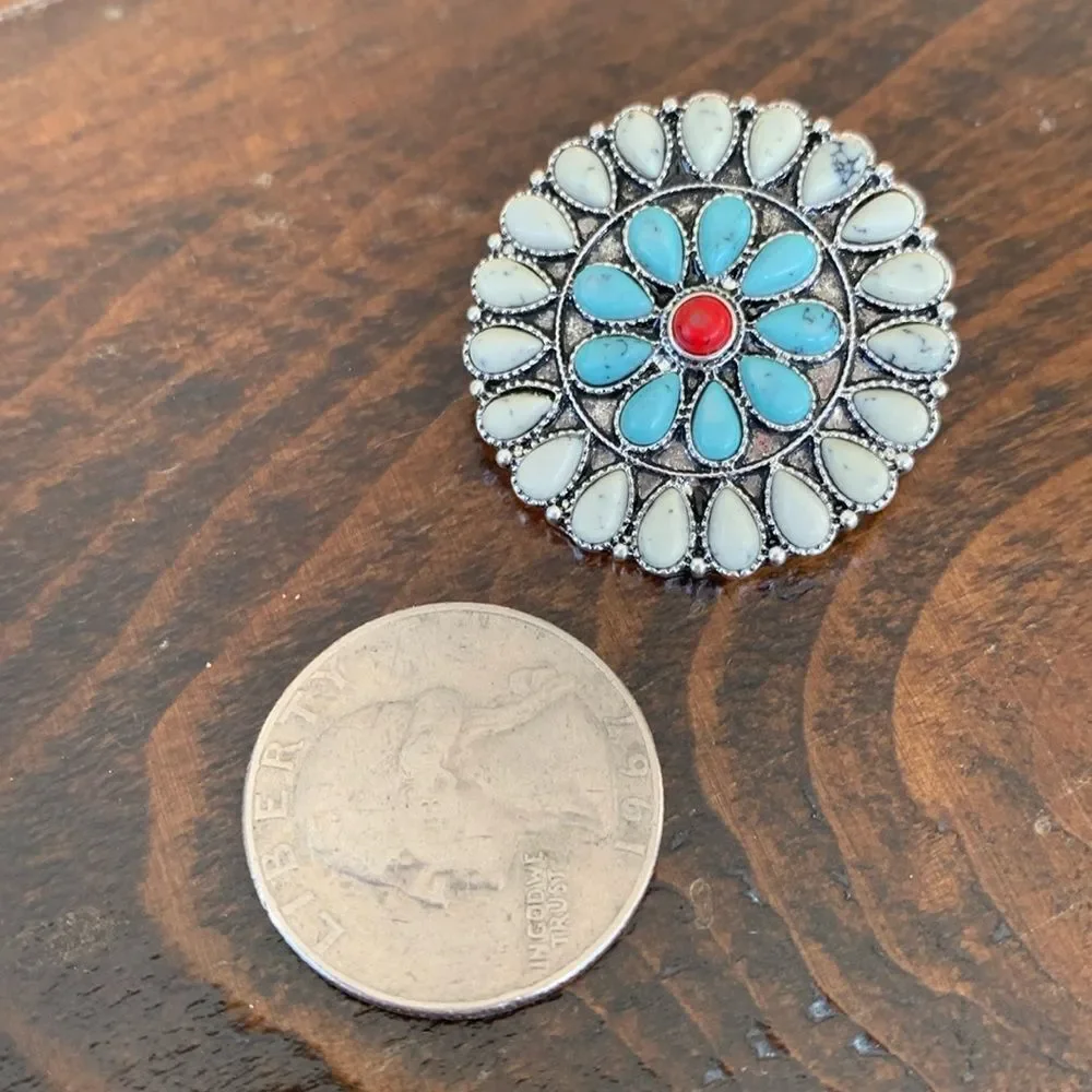 Western Flower Cluster Work Concho Style Earrings, Turquoise Blue White Red